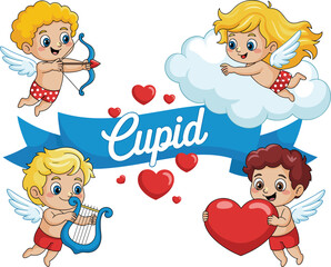 Cute cartoon cupids flying with bow and arrow harp hearts on cloud for valentines day love romance romantic illustration children's book graphics design social media holiday greeting card design conce
