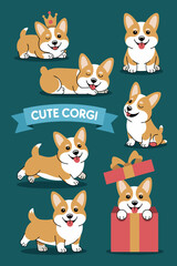Adorable cartoon corgi dog character illustrations cute puppy in various poses happy pet in present box playful animal graphics for children's book illustration greeting card design pet shop advertise