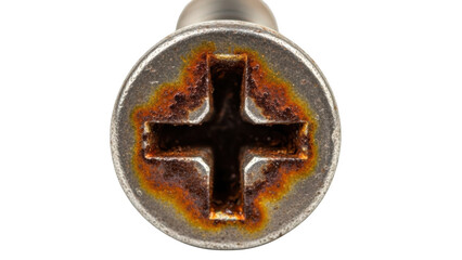 Extreme close up of a rusted Phillips head screw with orange and brown corrosion on a black background