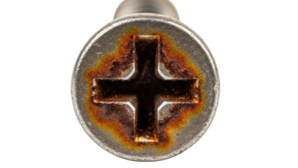 Extreme close up of a rusted Phillips head screw with orange and brown corrosion on a black background