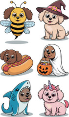 Cute cartoon puppy dogs wearing halloween costumes illustration of adorable dog dressed as bee witch ghost hotdog shark unicorn holiday animal characters design elements for kids party invitations and
