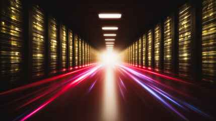 Futuristic Data Center Aisle with High-Speed Data Transfer Light Trails
