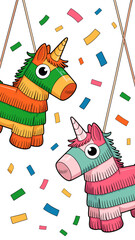 Colorful Cartoon Unicorn Pinatas with Confetti Celebration Festive Party Game Entertainment Traditional Mexican Culture Fun Birthday Surprise Event Illustration for Childrens Designs Marketing Materia