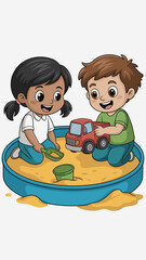 Happy cartoon kids playing in sandbox with toys together cheerful smiling children having fun with sand bucket and toy truck childhood friendship playtime activity for kindergarten learning education