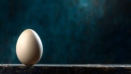 A single, chicken egg stands prominently against a dark, textured blue background. The eggshell has a speckled pattern and is brightly lit, creating strong highlights and shadows