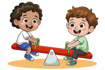 Excited cartoon kids playing on seesaw at playground having fun happy cheerful active children enjoying recreational activity outdoors perfect for childhood education promoting positive social skills