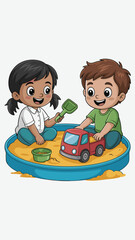 Happy cartoon kids playing in sandbox with toy truck and shovel cheerful children enjoying outdoor playtime together cute young friends having fun in playground illustration for childhood development