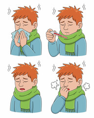 Sick cartoon boy with cold flu symptoms blowing nose checking temperature coughing sore throat wearing scarf upset ill child character illustration for healthcare medical educational materials childre