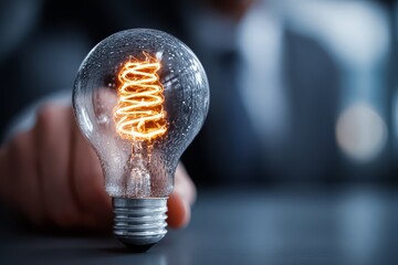 Person is holding a light bulb with a spiral inside. The bulb is lit up and the person is pointing at it