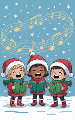 Festive children singing Christmas carols illustration of diverse kids choir with Santa hats books and musical notes winter holiday season celebration concept for greeting cards seasonal events and fa