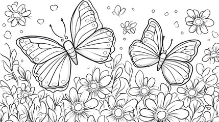 Black and white coloring page featuring two butterflies amidst flowers and hearts.  Delicate line art design, suitable for coloring, showcasing the beauty of nature