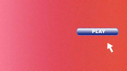 Shiny blue play button with white text and a white cursor arrow pointing to the button with a gradient from light pink to red, vibrant halftone graphic background. Collage art