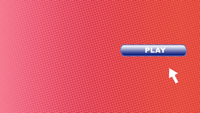 Shiny blue play button with white text and a white cursor arrow pointing to the button with a gradient from light pink to red, vibrant halftone graphic background. Collage art - Powered by Adobe