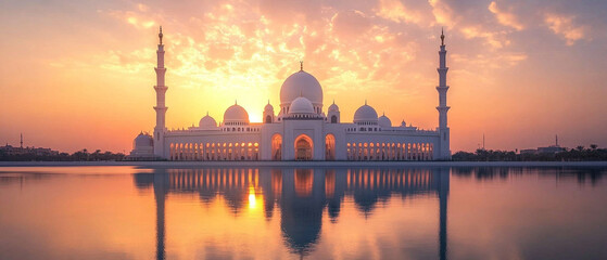 The majestic mosque with white domes and minarets is reflected in the water at sunset, creating an atmosphere of peace and spirituality that is ideal for atmospheric backgrounds  