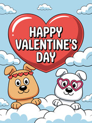 Cute cartoon dogs celebrating happy valentines day with red heart and clouds adorable puppy characters with heart shaped glasses lovely friendship animal illustration for greeting cards invitations po