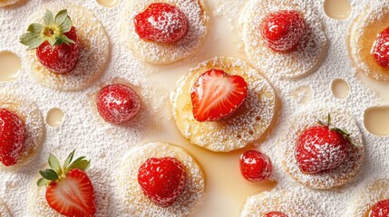 Flat lay fluffy pancakes topped with strawberries powdered sugar and maple syrup on white background