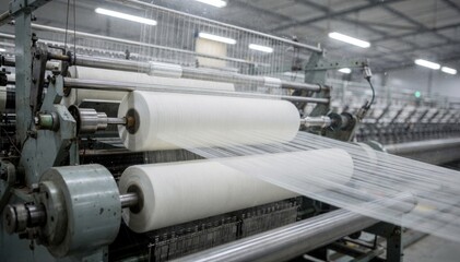 Naklejka premium Medium shot of industrial machines twisting soft cotton fibers into smooth yarn strands showcasing detailed spin mechanisms and fiber movement in a factory setting.