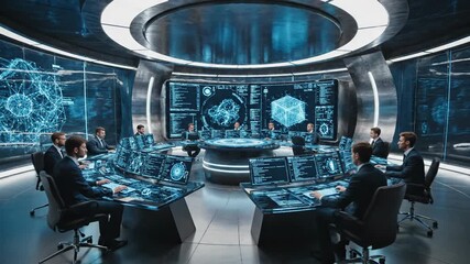 Futuristic corporate meeting room with advanced technology and digital displays. - Powered by Adobe