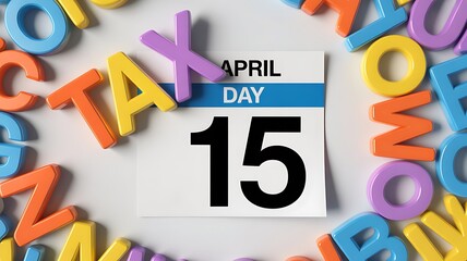 A calendar page shows April 15th as Tax Day, surrounded by vibrant, colorful plastic alphabet letters