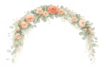 Watercolor floral arch featuring peach roses and eucalyptus leaves, forming a romantic border. Transparent background