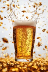 floating beer splash with hops and barley grains, isolated on white background