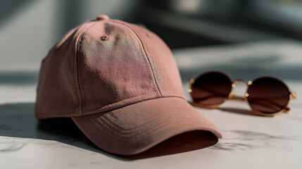 Pink baseball cap mockup on a white background with blurred sunglasses in the background, flat lay photography, high resolution, high quality, high detail,