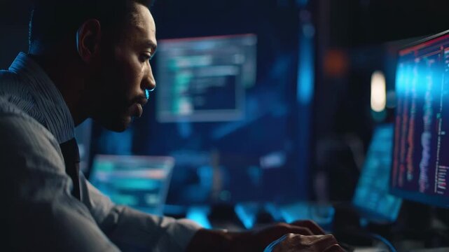 Medium shot focusing on a data specialist tracing complex cryptocurrency transaction paths to uncover illicit financial flows
