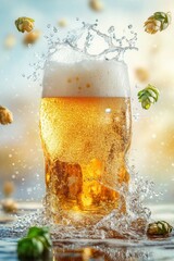 floating beer splash with hops and barley grains, isolated on white background