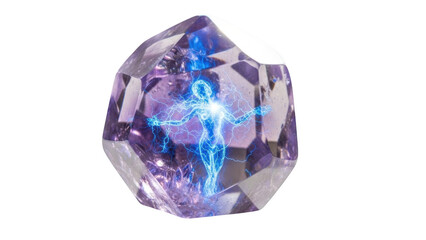 Humanoid silhouette glowing with blue energy inside a faceted purple crystal amethyst light