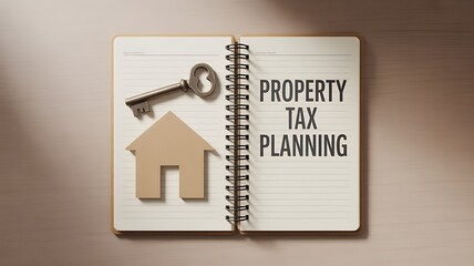 A key and a small house rest on an open spiral notebook displaying PROPERTY TAX PLANNING
