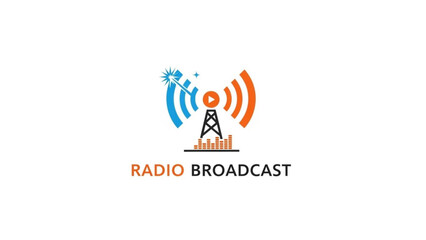 A colorful radio broadcast tower icon with blue and orange waves and a play button on a white background