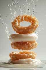 floating calamari rings with tartar sauce splash, isolated on white background