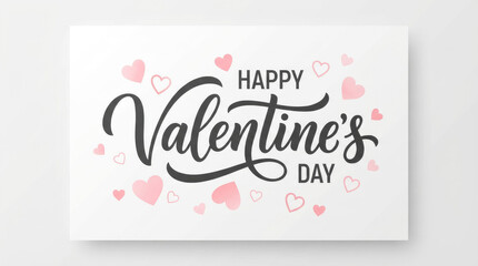 Happy valentines day calligraphy text with small pink circles on a white rectangular card against a white surface