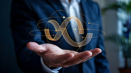 A businessman presenting a glowing interconnected network of golden infinity symbols representing technology and collaboration