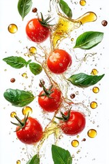floating cherry tomatoes with basil leaves and olive oil splash, isolated on white background