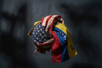 Tension between Venezuela and USA reflected in flags entwined together