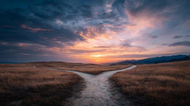 Scenic shot of a path splitting in two, leading to a vibrant sunset above rolling hills
