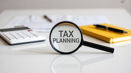 A prominent magnifying glass with the bold text TAX PLANNING sitting on a reflective white table