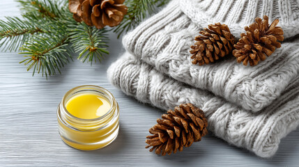 Lip balm winter care concept visualization, cozy winter flat lay, pinecones oil knitted fabric, seasonal skincare routine, cold weather beauty, natural cosmetic aesthetic, with copy space