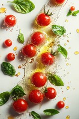 floating cherry tomatoes with basil leaves and olive oil splash, isolated on white background
