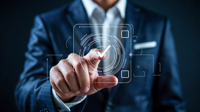 A businessman in a suit interacts with a digital interface highlighting security and technological advancement concepts - Powered by Adobe