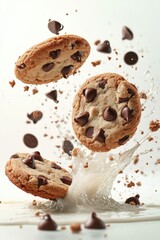 floating chocolate chip cookies with crumbs and milk splash, isolated on white background