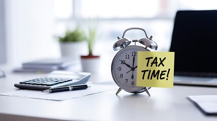 A silver alarm clock with a yellow TAX TIME sticky note sits on a bright white office desk