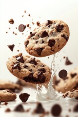 floating chocolate chip cookies with crumbs and milk splash, isolated on white background