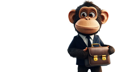 Chimpanzee in Business Suit: A charming chimpanzee, attired in a smart business suit, stands with a briefcase, embodying the spirit of a professional in the workplace.
