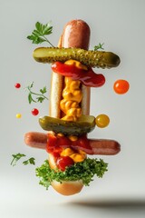 floating hot dog with sausage, mustard, ketchup, pickles, isolated on white background