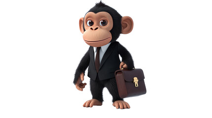The Professional Chimp: A smartly dressed chimpanzee, bearing a briefcase, epitomizes a unique blend of business and the natural world, a whimsical take on professional attire.