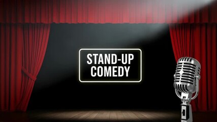 Stand-up comedy stage with spotlight and retro microphone. Performance show event with red theater curtain for entertainment.