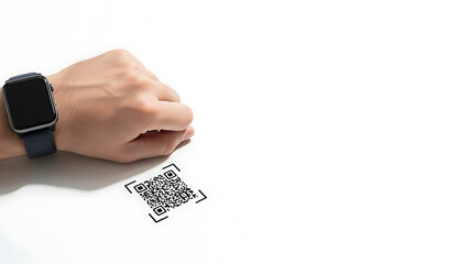 Minimalist top view of a human hand wearing a black smartwatch scanning a crisp digital QR code on a blank white surface. High-tech photography.