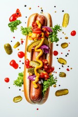 floating hot dog with sausage, mustard, ketchup, pickles, isolated on white background